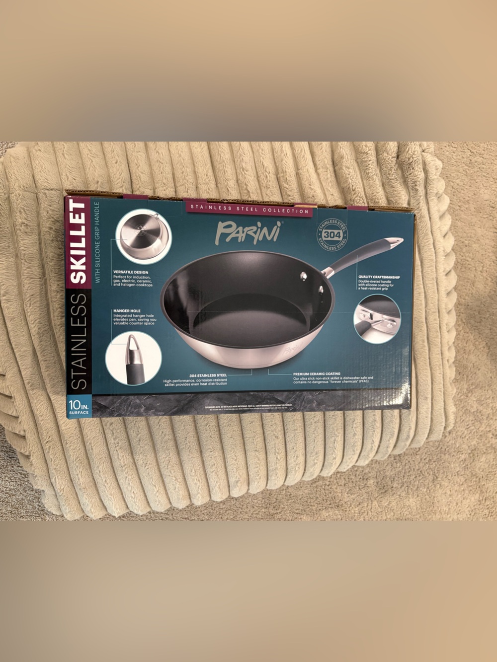 New unused Parini Stainless Steel Skillet Ceramic Non-Stick Silicone Grip Handle